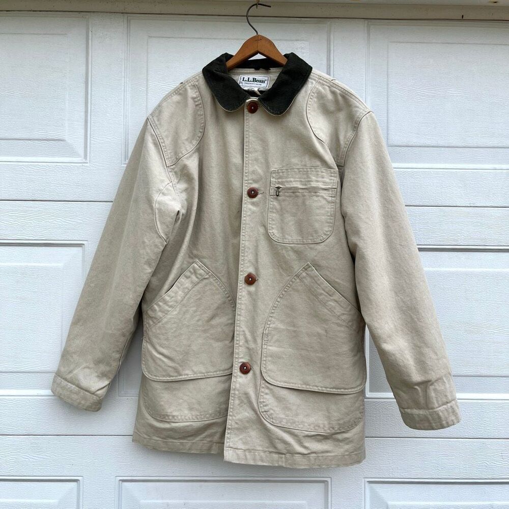 L.L. Bean Beige Utility Jacket with Dark Green Corduroy Collar